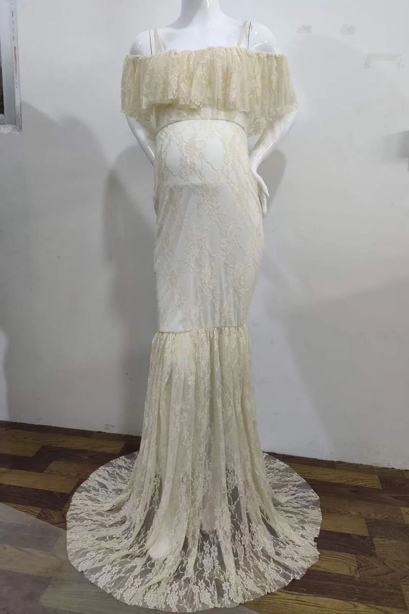 HIHCBF Women Lace Maternity Mermaid Gown Off Shoulder Ruffle Spaghetti Straps Fitted Photo Shoot Wedding Baby Shower Dress