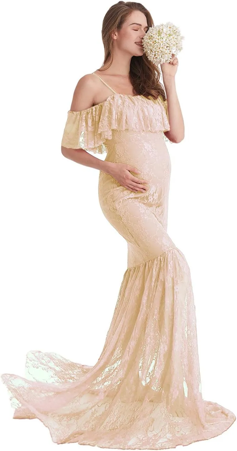 HIHCBF Women Lace Maternity Mermaid Gown Off Shoulder Ruffle Spaghetti Straps Fitted Photo Shoot Wedding Baby Shower Dress