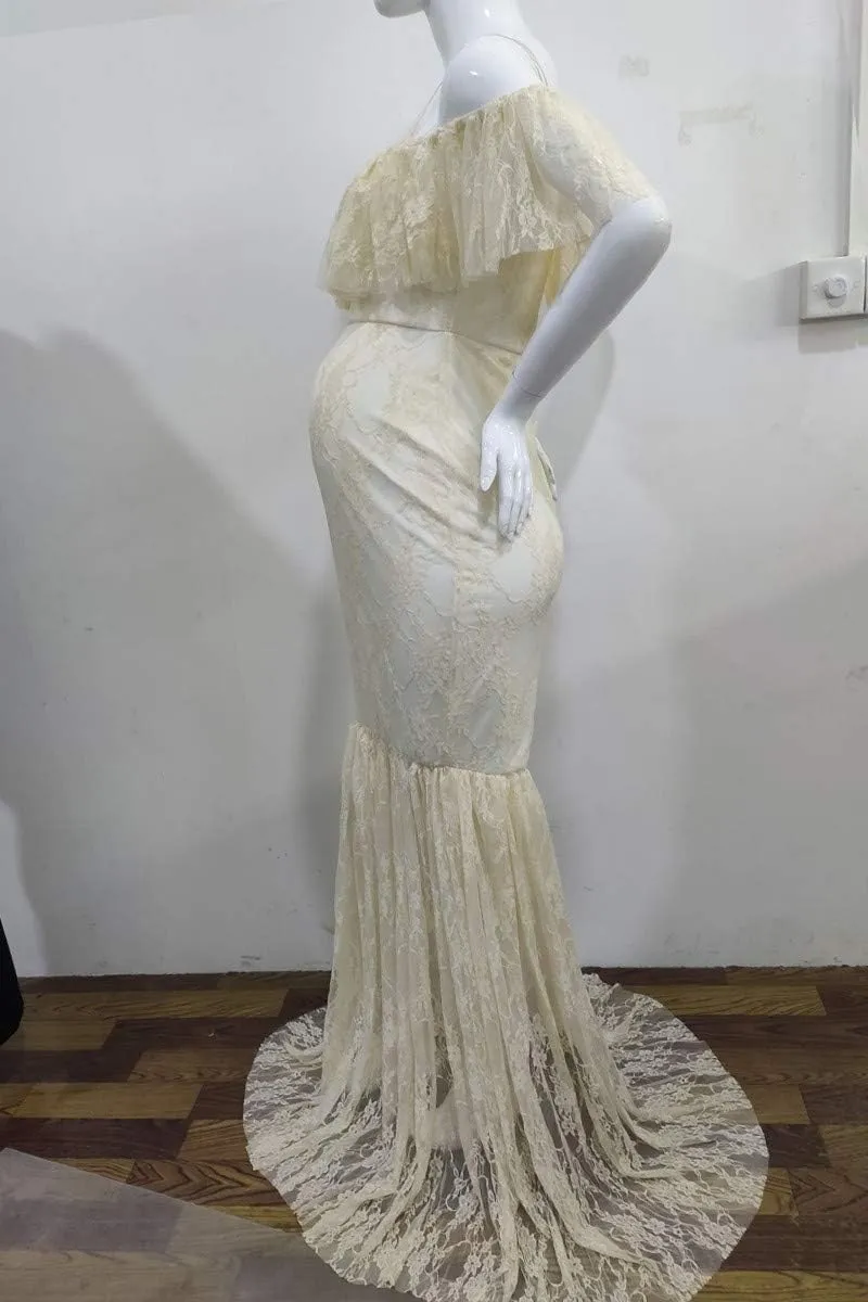HIHCBF Women Lace Maternity Mermaid Gown Off Shoulder Ruffle Spaghetti Straps Fitted Photo Shoot Wedding Baby Shower Dress
