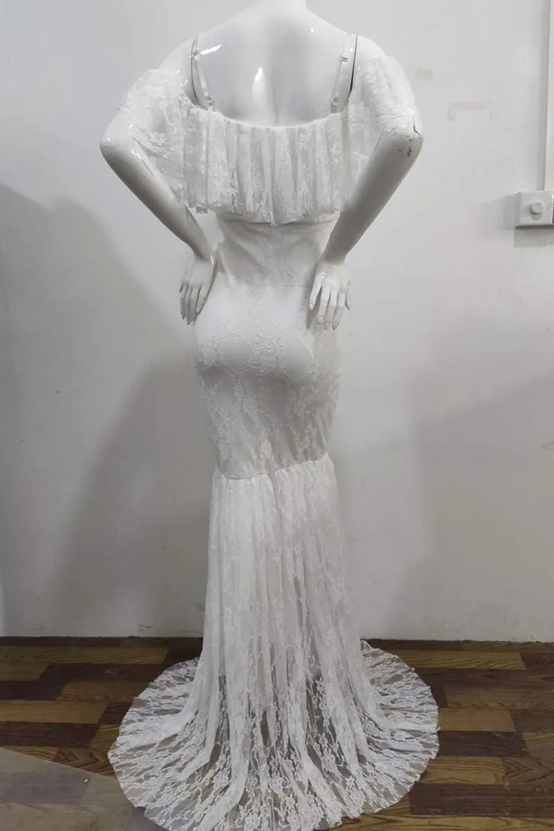 HIHCBF Women Lace Maternity Mermaid Gown Off Shoulder Ruffle Spaghetti Straps Fitted Photo Shoot Wedding Baby Shower Dress