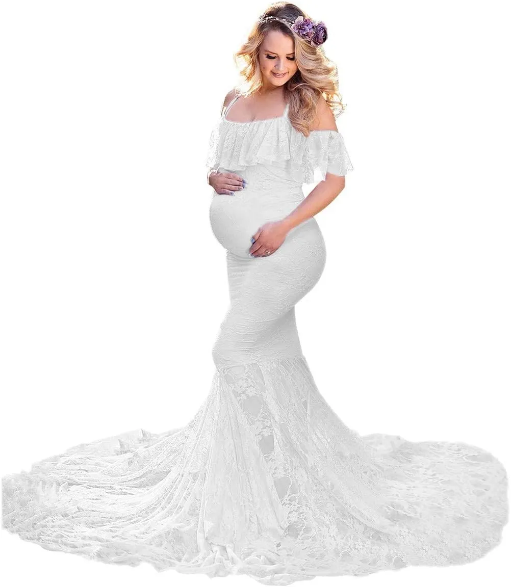 HIHCBF Women Lace Maternity Mermaid Gown Off Shoulder Ruffle Spaghetti Straps Fitted Photo Shoot Wedding Baby Shower Dress