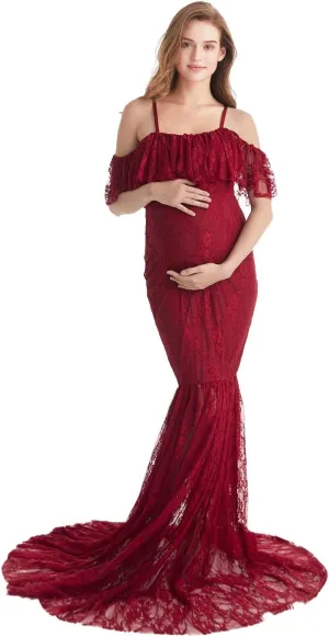 HIHCBF Women Lace Maternity Mermaid Gown Off Shoulder Ruffle Spaghetti Straps Fitted Photo Shoot Wedding Baby Shower Dress