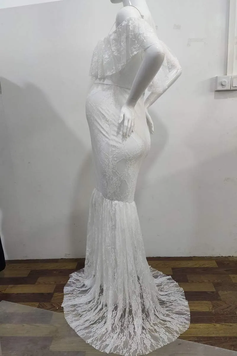 HIHCBF Women Lace Maternity Mermaid Gown Off Shoulder Ruffle Spaghetti Straps Fitted Photo Shoot Wedding Baby Shower Dress