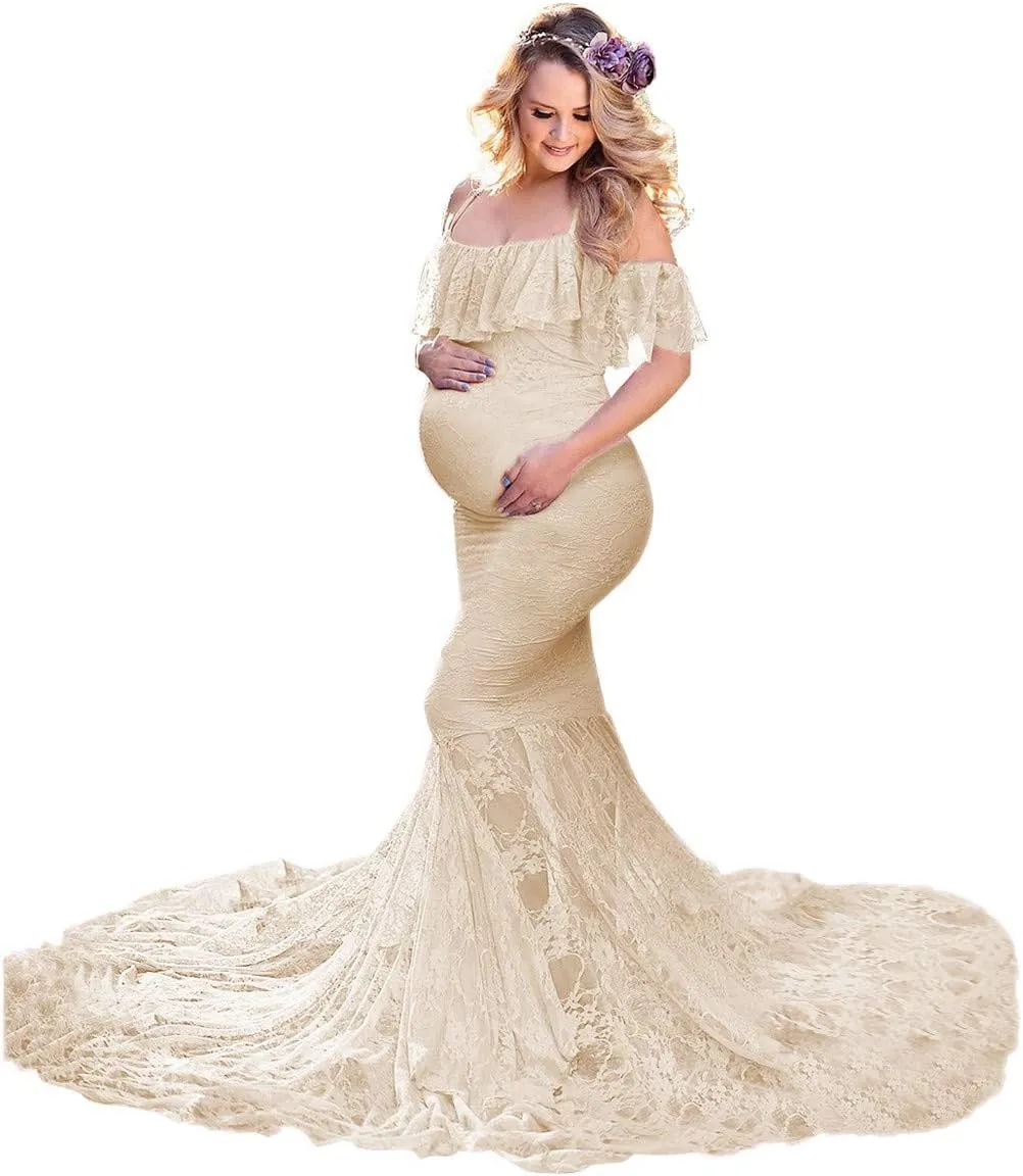 HIHCBF Women Lace Maternity Mermaid Gown Off Shoulder Ruffle Spaghetti Straps Fitted Photo Shoot Wedding Baby Shower Dress