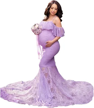 HIHCBF Women Lace Maternity Mermaid Gown Off Shoulder Ruffle Spaghetti Straps Fitted Photo Shoot Wedding Baby Shower Dress