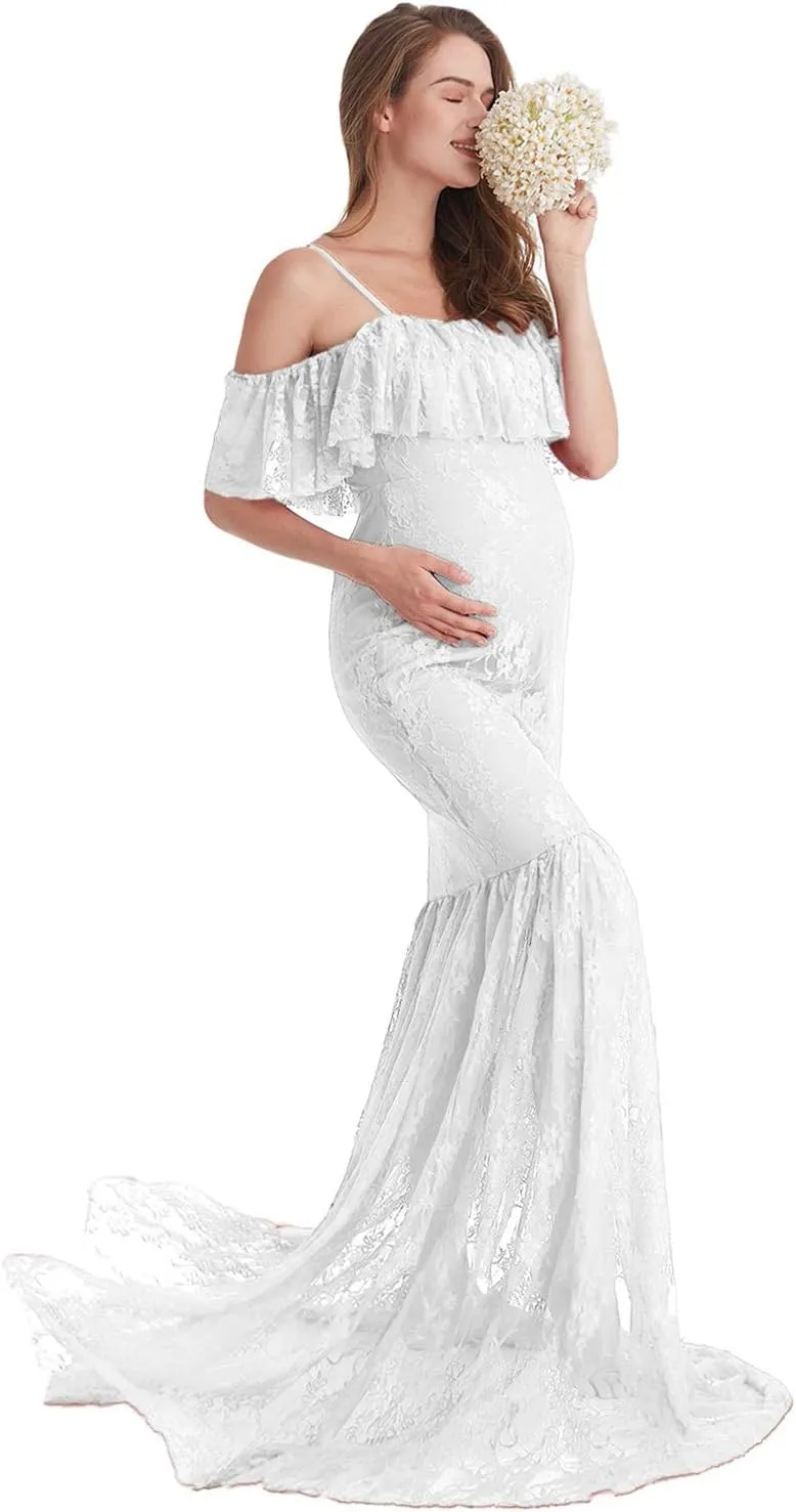 HIHCBF Women Lace Maternity Mermaid Gown Off Shoulder Ruffle Spaghetti Straps Fitted Photo Shoot Wedding Baby Shower Dress