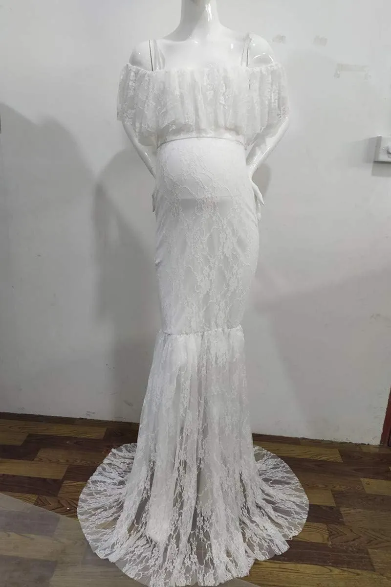 HIHCBF Women Lace Maternity Mermaid Gown Off Shoulder Ruffle Spaghetti Straps Fitted Photo Shoot Wedding Baby Shower Dress