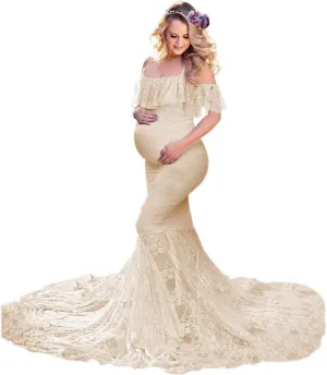 HIHCBF Women Lace Maternity Mermaid Gown Off Shoulder Ruffle Spaghetti Straps Fitted Photo Shoot Wedding Baby Shower Dress