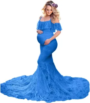 HIHCBF Women Lace Maternity Mermaid Gown Off Shoulder Ruffle Spaghetti Straps Fitted Photo Shoot Wedding Baby Shower Dress