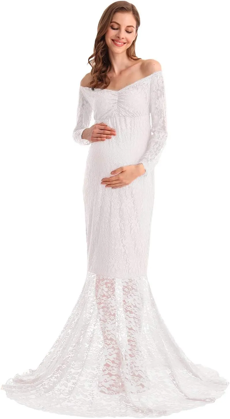 HIHCBF Women Mermaid Maternity Lace Dress V-Neck Off Shoulder Slim Fit Bridesmaid Wedding Baby Shower Photo Shoot Gown