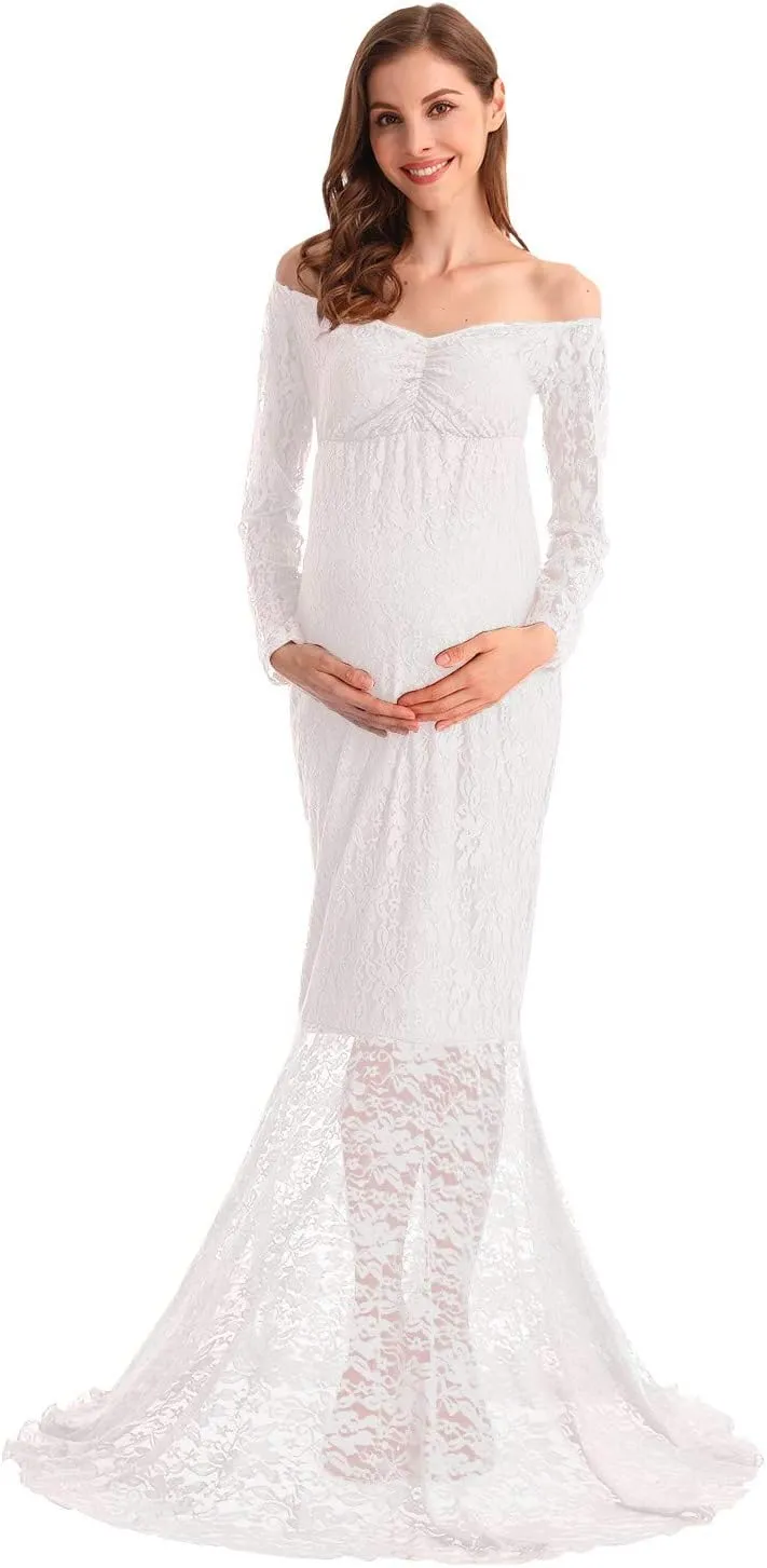 HIHCBF Women Mermaid Maternity Lace Dress V-Neck Off Shoulder Slim Fit Bridesmaid Wedding Baby Shower Photo Shoot Gown