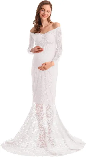 HIHCBF Women Mermaid Maternity Lace Dress V-Neck Off Shoulder Slim Fit Bridesmaid Wedding Baby Shower Photo Shoot Gown