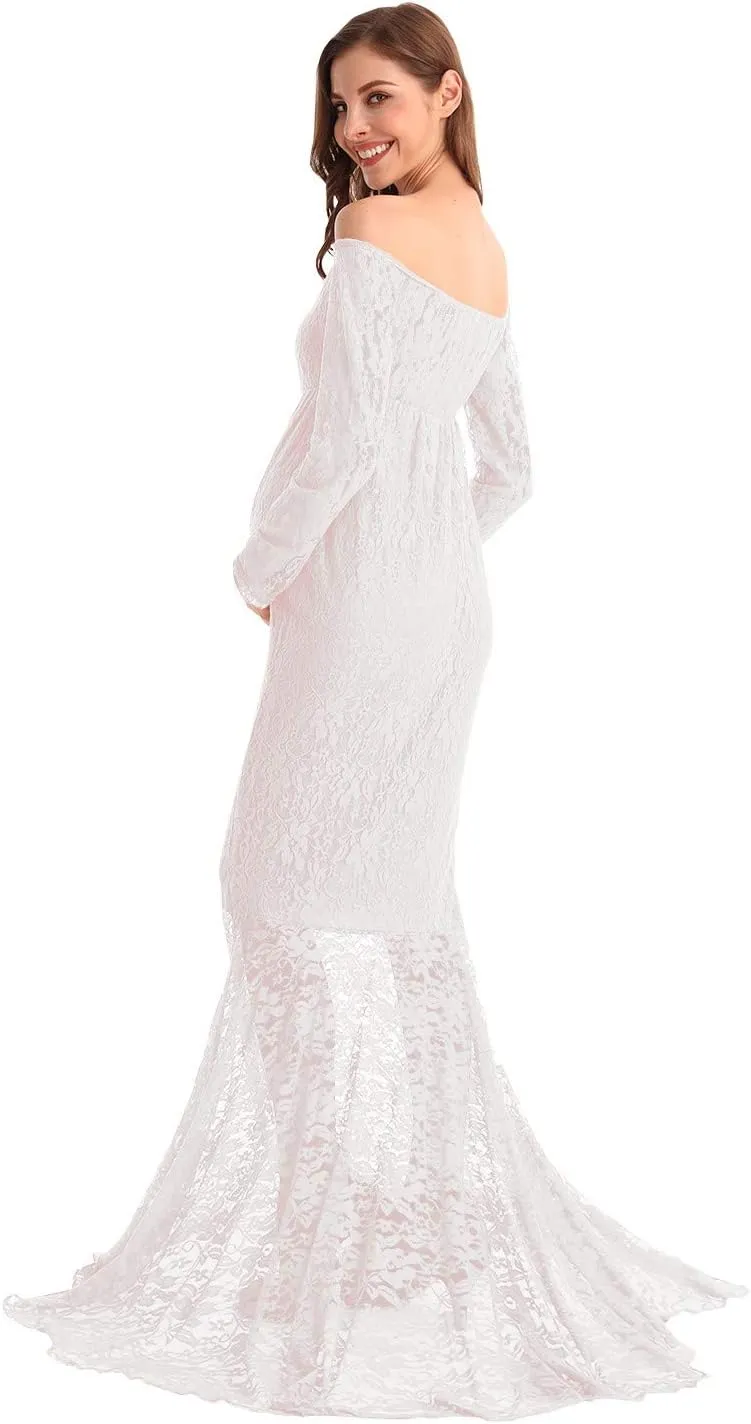 HIHCBF Women Mermaid Maternity Lace Dress V-Neck Off Shoulder Slim Fit Bridesmaid Wedding Baby Shower Photo Shoot Gown
