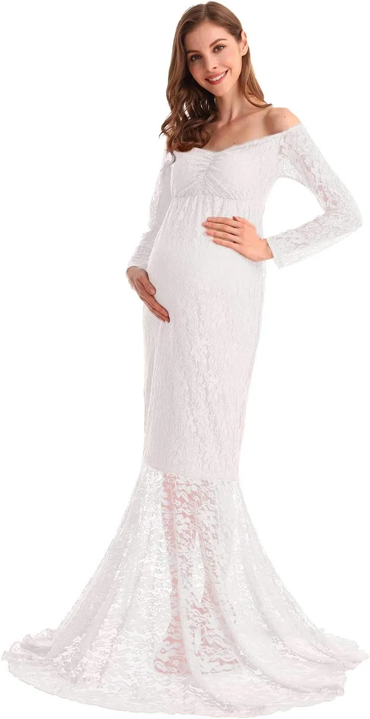 HIHCBF Women Mermaid Maternity Lace Dress V-Neck Off Shoulder Slim Fit Bridesmaid Wedding Baby Shower Photo Shoot Gown