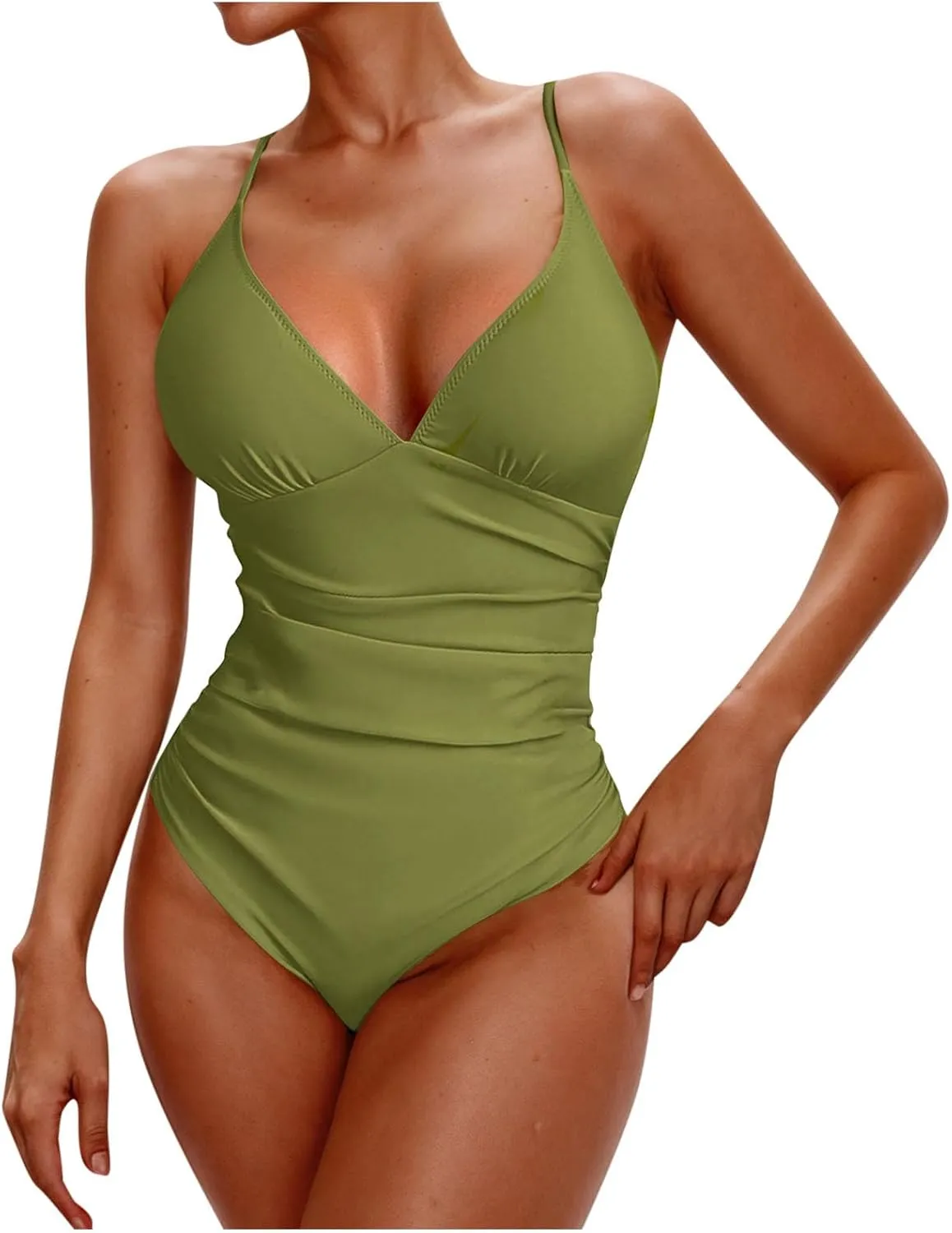 hlysgo One Piece Swimsuit Women Tummy Control High Waisted Deep V Neck Bathing Suit Ruched Modest Beach Swim Suits Monokini