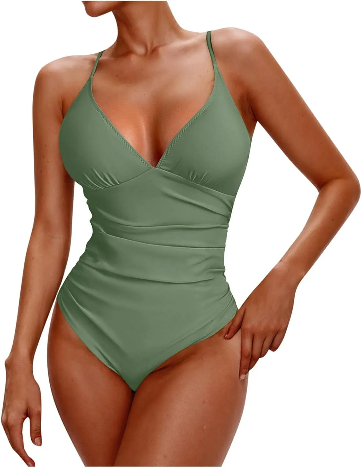 hlysgo One Piece Swimsuit Women Tummy Control High Waisted Deep V Neck Bathing Suit Ruched Modest Beach Swim Suits Monokini