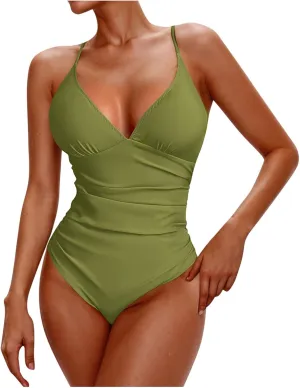 hlysgo One Piece Swimsuit Women Tummy Control High Waisted Deep V Neck Bathing Suit Ruched Modest Beach Swim Suits Monokini