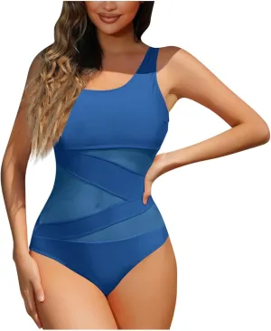 hlysgo Swimsuit for Women One Piece Bathing Suit Mesh Patchwork Adjustable Straps Monokini Tummy Control Modest Swimwear