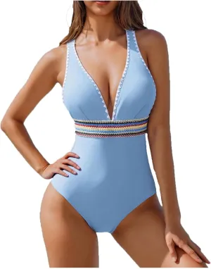 hlysgo Women Swimsuits One Piece Tummy Control Slimming Bathing Suits Color Block Modest Swim Suit Athletic V Neck Swimwear