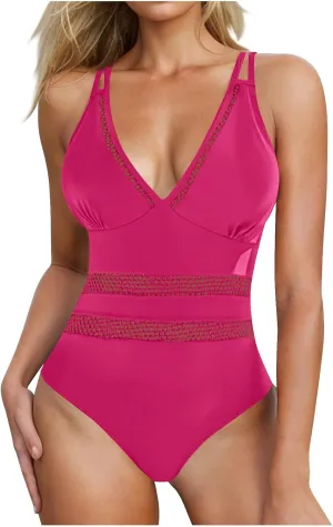 hlysgo Womens Swimsuits One Piece Slimming Deep V Neck Bathing Suit Tummy Control Mesh Patchwork Athletic Swimwear Monokini