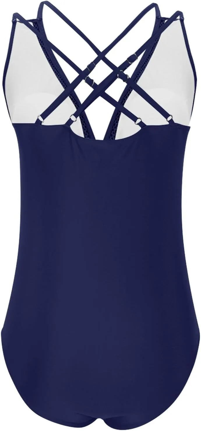 hlysgo Womens Swimsuits One Piece Slimming Deep V Neck Bathing Suit Tummy Control Mesh Patchwork Athletic Swimwear Monokini