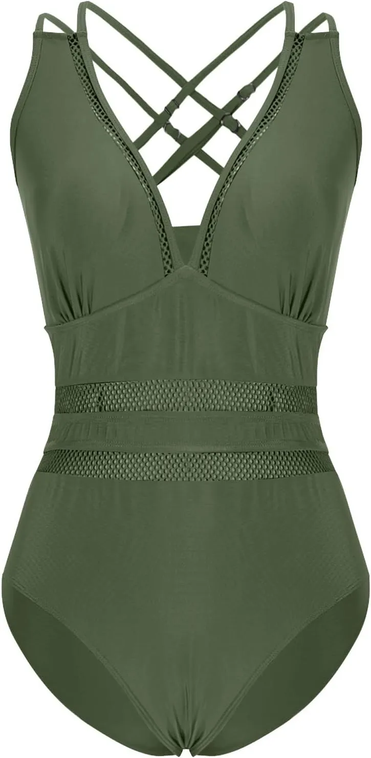 hlysgo Womens Swimsuits One Piece Slimming Deep V Neck Bathing Suit Tummy Control Mesh Patchwork Athletic Swimwear Monokini