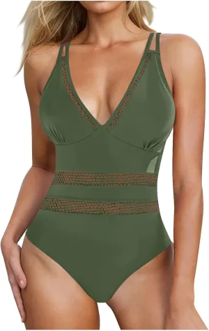 hlysgo Womens Swimsuits One Piece Slimming Deep V Neck Bathing Suit Tummy Control Mesh Patchwork Athletic Swimwear Monokini