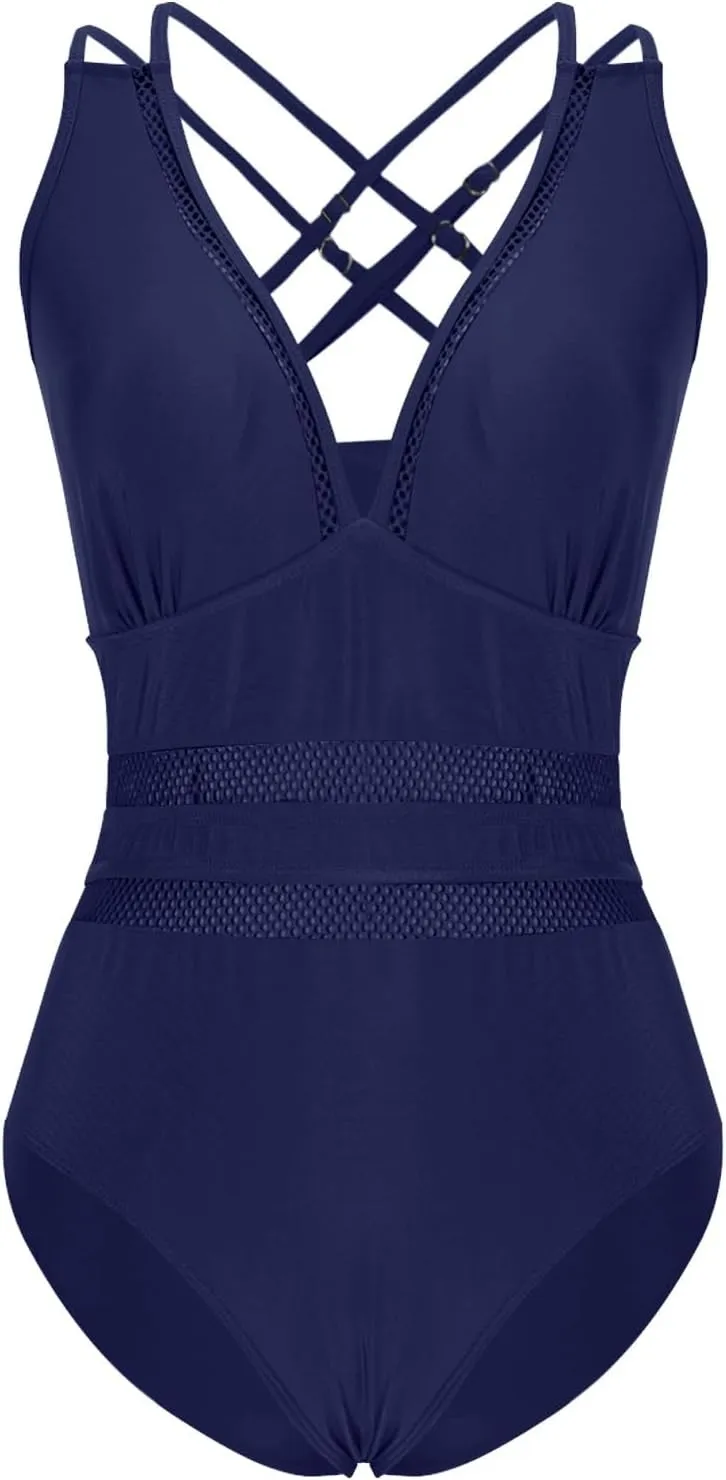 hlysgo Womens Swimsuits One Piece Slimming Deep V Neck Bathing Suit Tummy Control Mesh Patchwork Athletic Swimwear Monokini