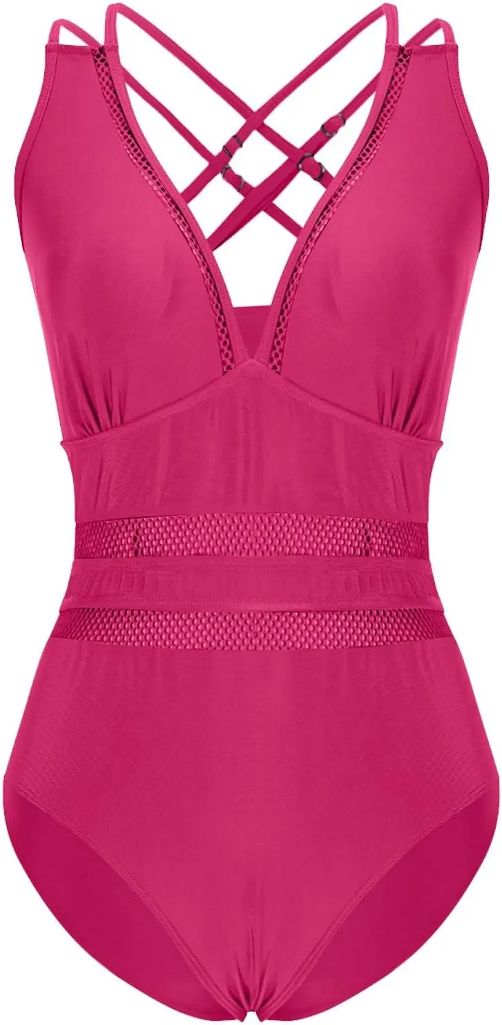hlysgo Womens Swimsuits One Piece Slimming Deep V Neck Bathing Suit Tummy Control Mesh Patchwork Athletic Swimwear Monokini