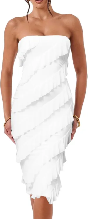 HOCILLE Women's Sexy Strapless Tube Top Bodycon Sleeveless Ruffle Midi Party Cocktail Dress