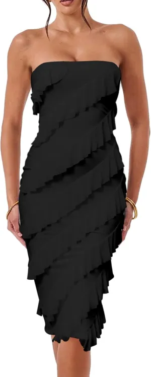 HOCILLE Women's Sexy Strapless Tube Top Bodycon Sleeveless Ruffle Midi Party Cocktail Dress