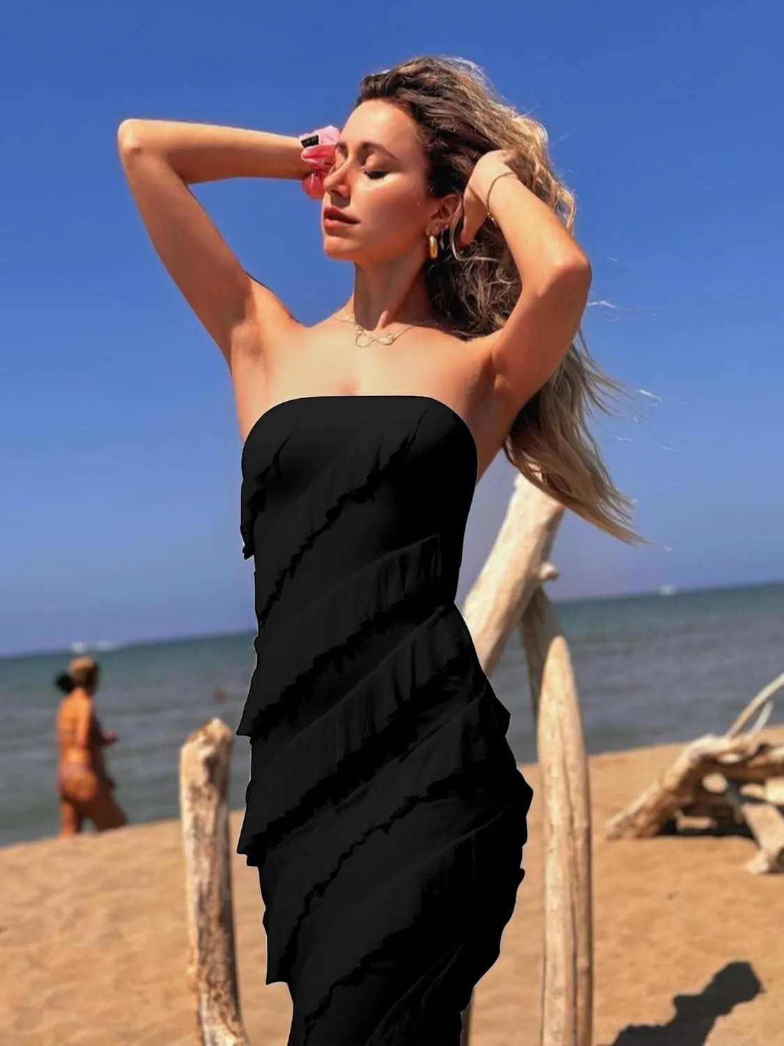 HOCILLE Women's Sexy Strapless Tube Top Bodycon Sleeveless Ruffle Midi Party Cocktail Dress