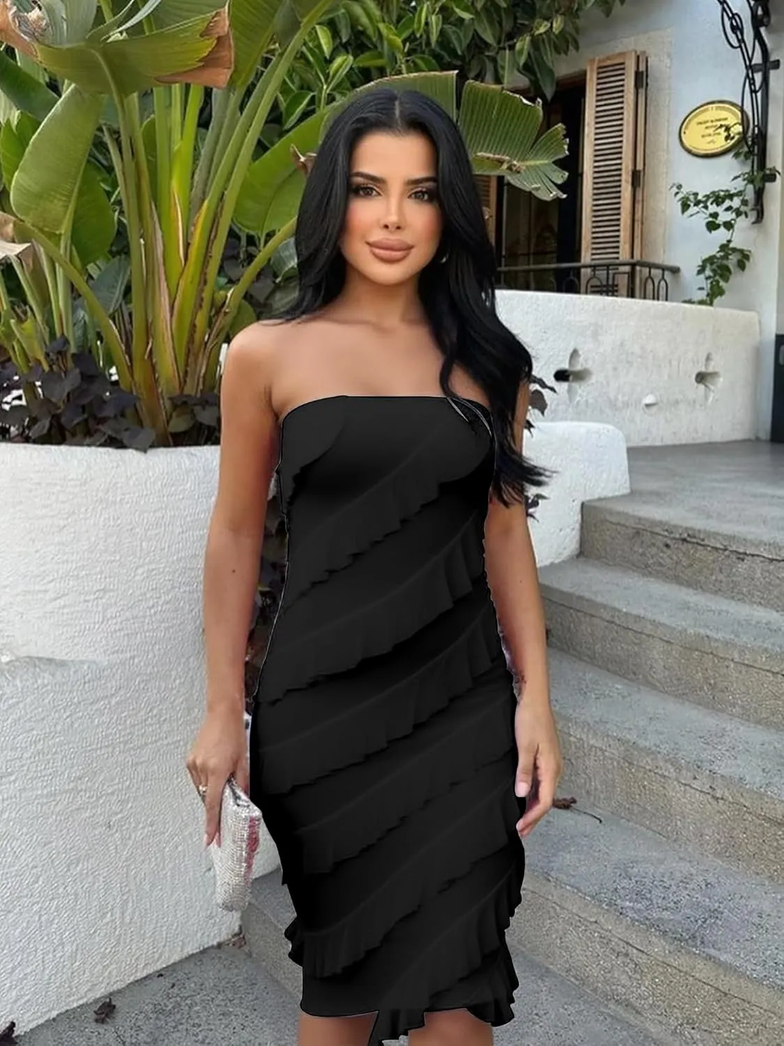 HOCILLE Women's Sexy Strapless Tube Top Bodycon Sleeveless Ruffle Midi Party Cocktail Dress