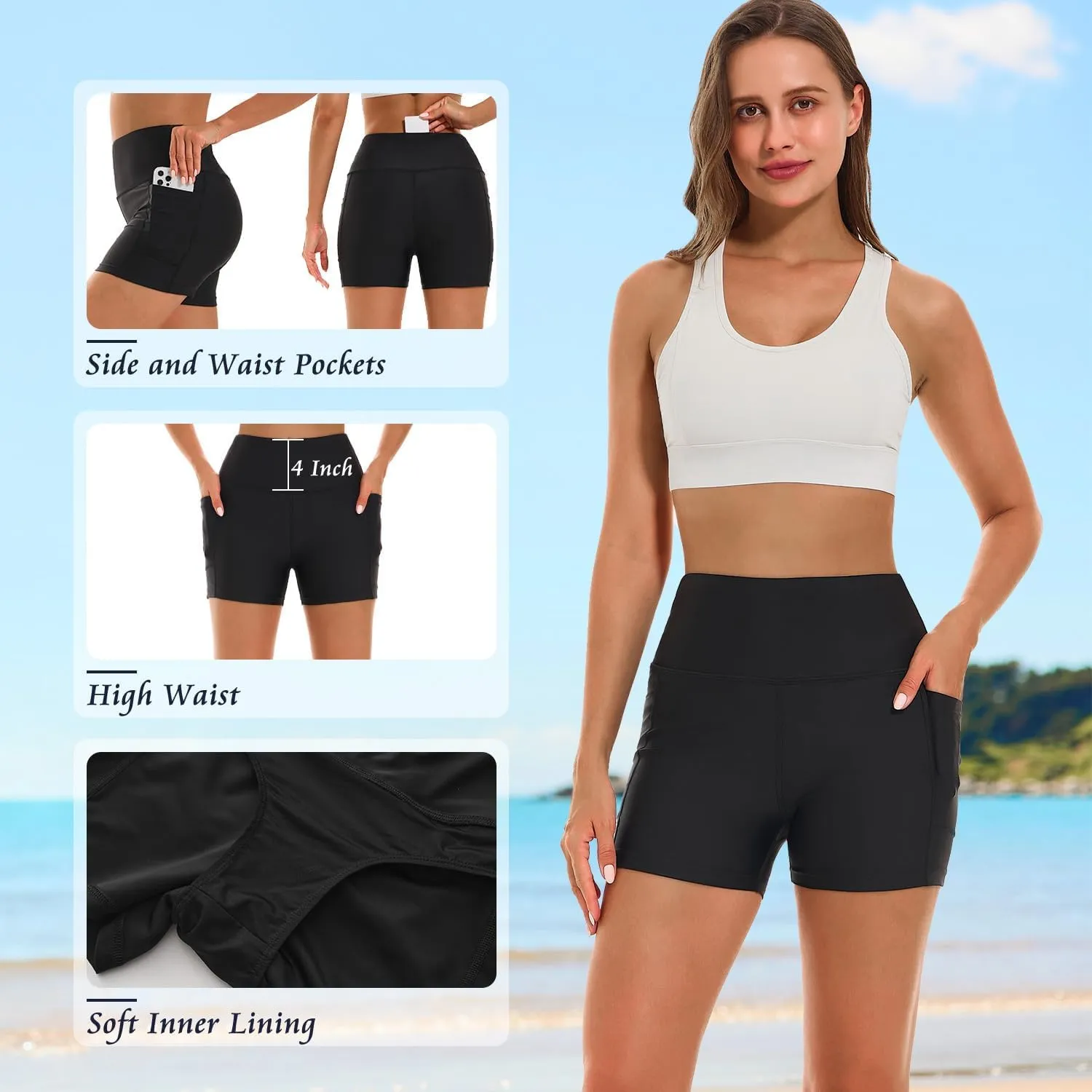 HODOSPORTS Women's 3''/5''/7''/9'' Swim Shorts UPF 50  High Waisted Board Shorts with Pockets Liner Quick Dry Swimsuit Bottom