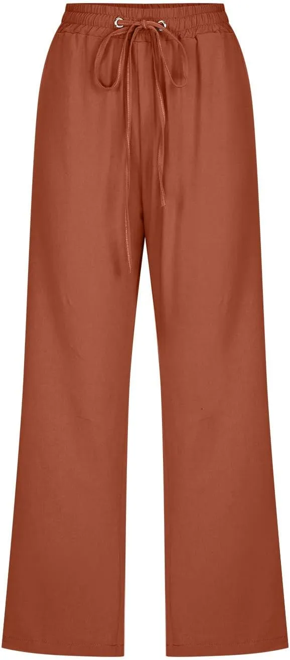 Hvyesh Capri Pants for Women Casual 2024 Summer Linen Pant Drawstring Elastic Waist Pant Straight Wide Leg Cropped Trousers