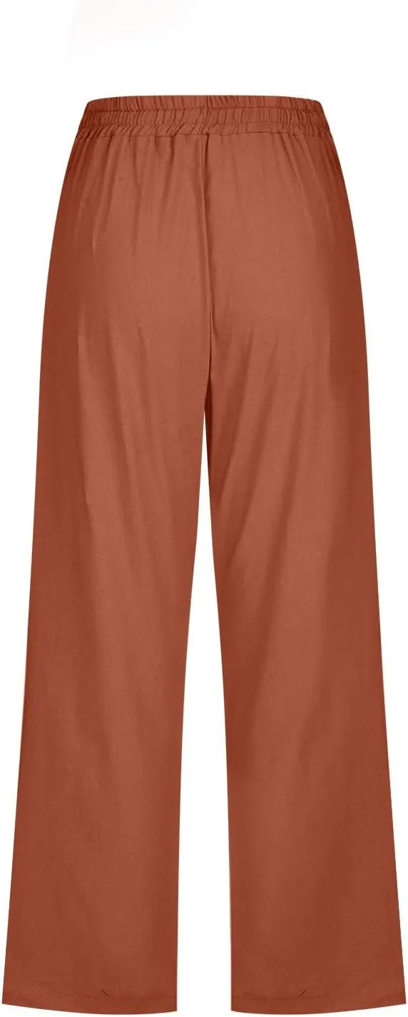 Hvyesh Capri Pants for Women Casual 2024 Summer Linen Pant Drawstring Elastic Waist Pant Straight Wide Leg Cropped Trousers