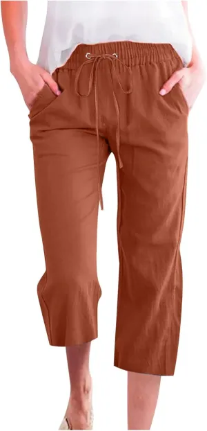Hvyesh Capri Pants for Women Casual 2024 Summer Linen Pant Drawstring Elastic Waist Pant Straight Wide Leg Cropped Trousers
