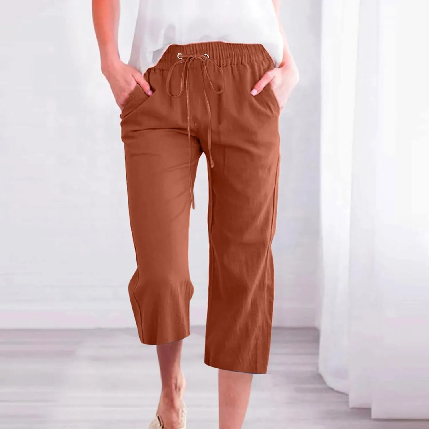 Hvyesh Capri Pants for Women Casual 2024 Summer Linen Pant Drawstring Elastic Waist Pant Straight Wide Leg Cropped Trousers