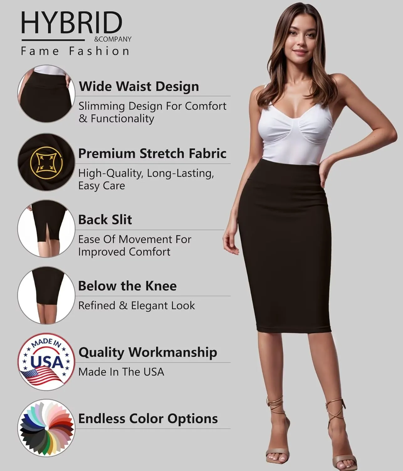 Hybrid & Company Women's Premium Nylon Ponte Stretch High Waist Pencil Suit Skirt Below Knee