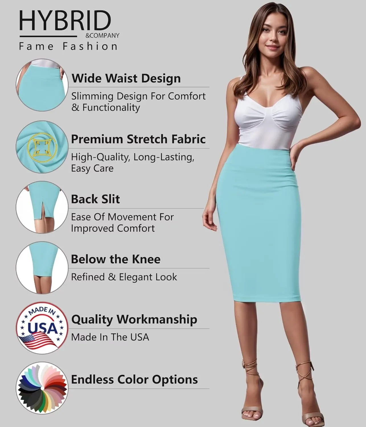 Hybrid & Company Women's Premium Nylon Ponte Stretch High Waist Pencil Suit Skirt Below Knee