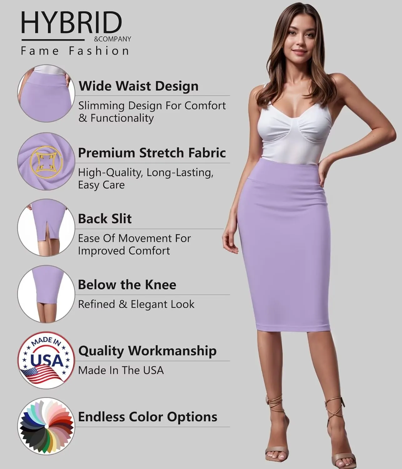 Hybrid & Company Women's Premium Nylon Ponte Stretch High Waist Pencil Suit Skirt Below Knee