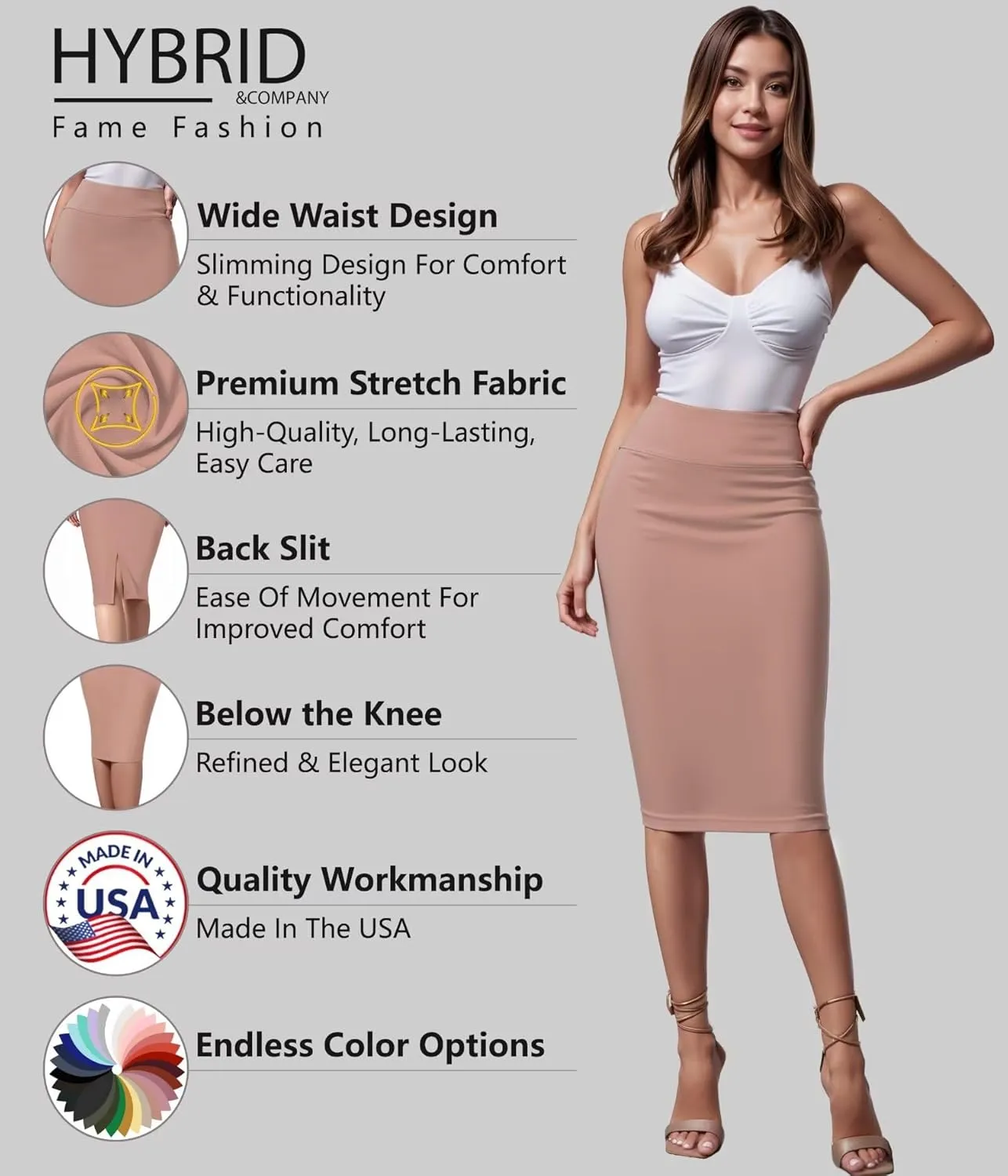 Hybrid & Company Women's Premium Nylon Ponte Stretch High Waist Pencil Suit Skirt Below Knee
