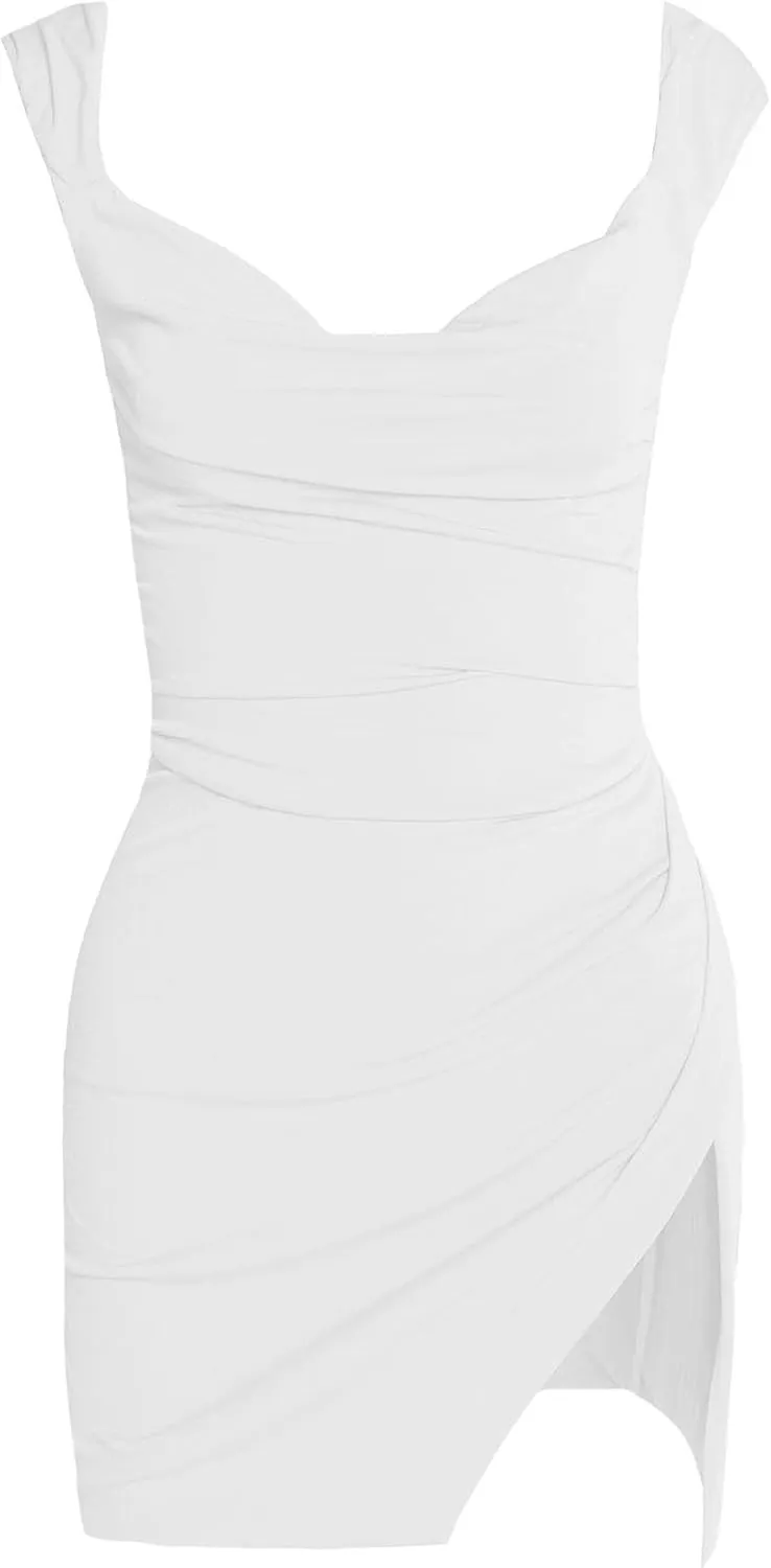 HYPERFIRE Women's Summer Square Neck Backless Dress Ruched Bodycon Mini Short Dresses Split Hem Sundress Going Out