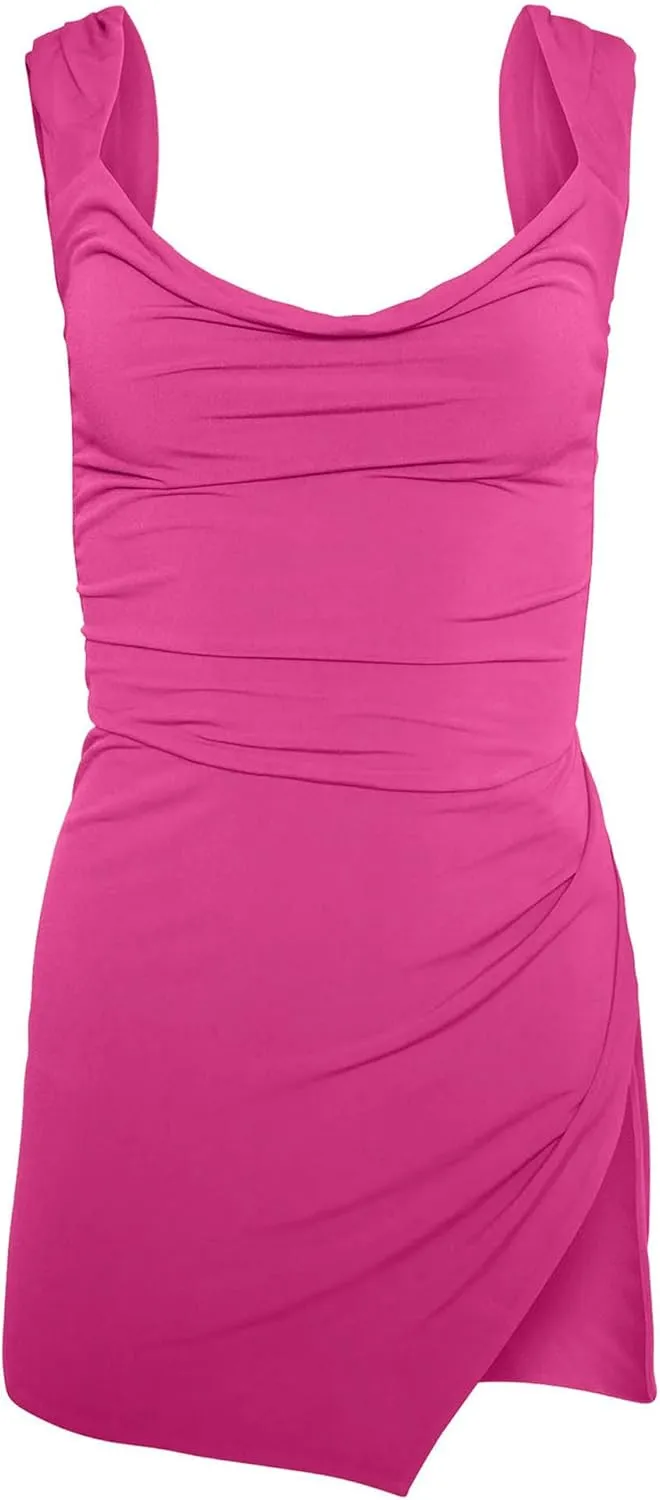 HYPERFIRE Women's Summer Square Neck Backless Dress Ruched Bodycon Mini Short Dresses Split Hem Sundress Going Out