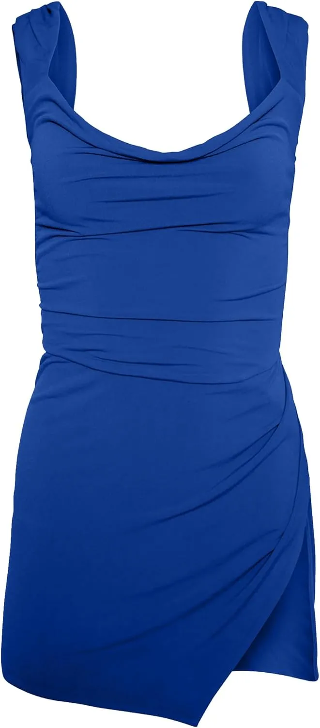 HYPERFIRE Women's Summer Square Neck Backless Dress Ruched Bodycon Mini Short Dresses Split Hem Sundress Going Out