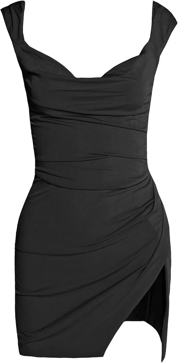 HYPERFIRE Women's Summer Square Neck Backless Dress Ruched Bodycon Mini Short Dresses Split Hem Sundress Going Out