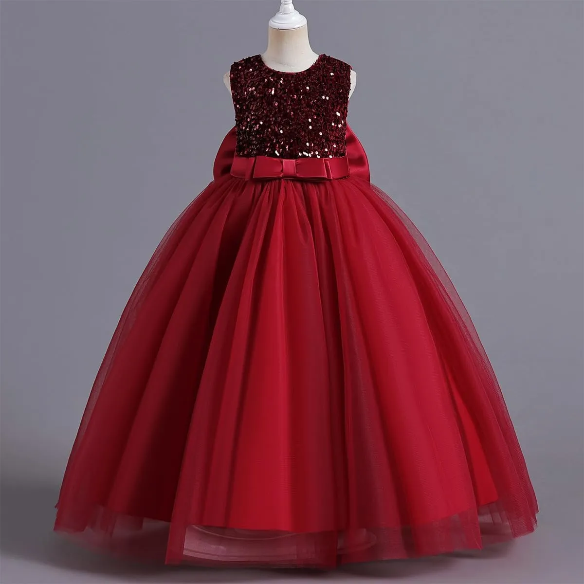 IDOPIP Girls Elegant Formal Sparkle Sequins Tulle Dress Wedding Bridesmaid Dress Satin Bow Tie Christening Prom Party Gown