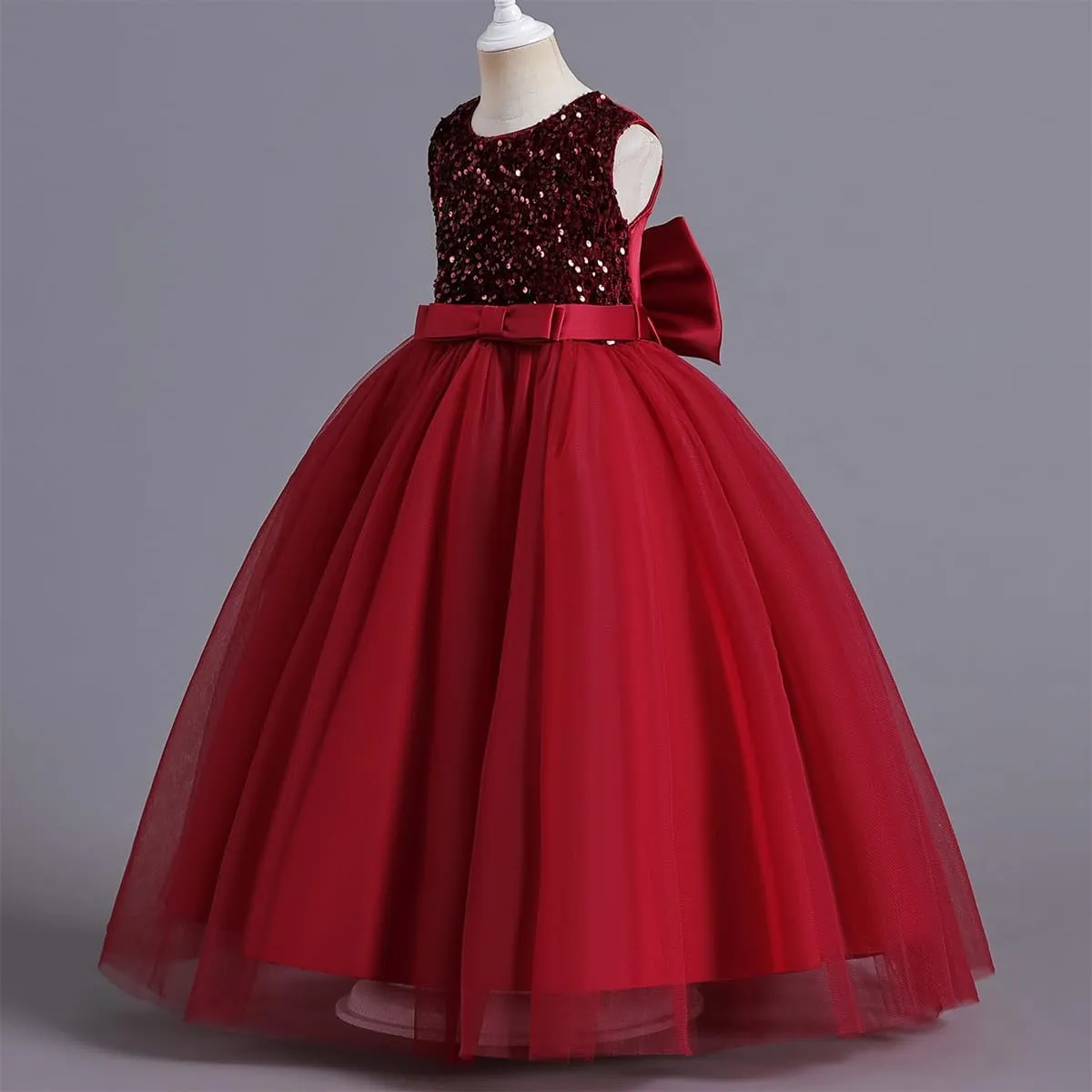 IDOPIP Girls Elegant Formal Sparkle Sequins Tulle Dress Wedding Bridesmaid Dress Satin Bow Tie Christening Prom Party Gown