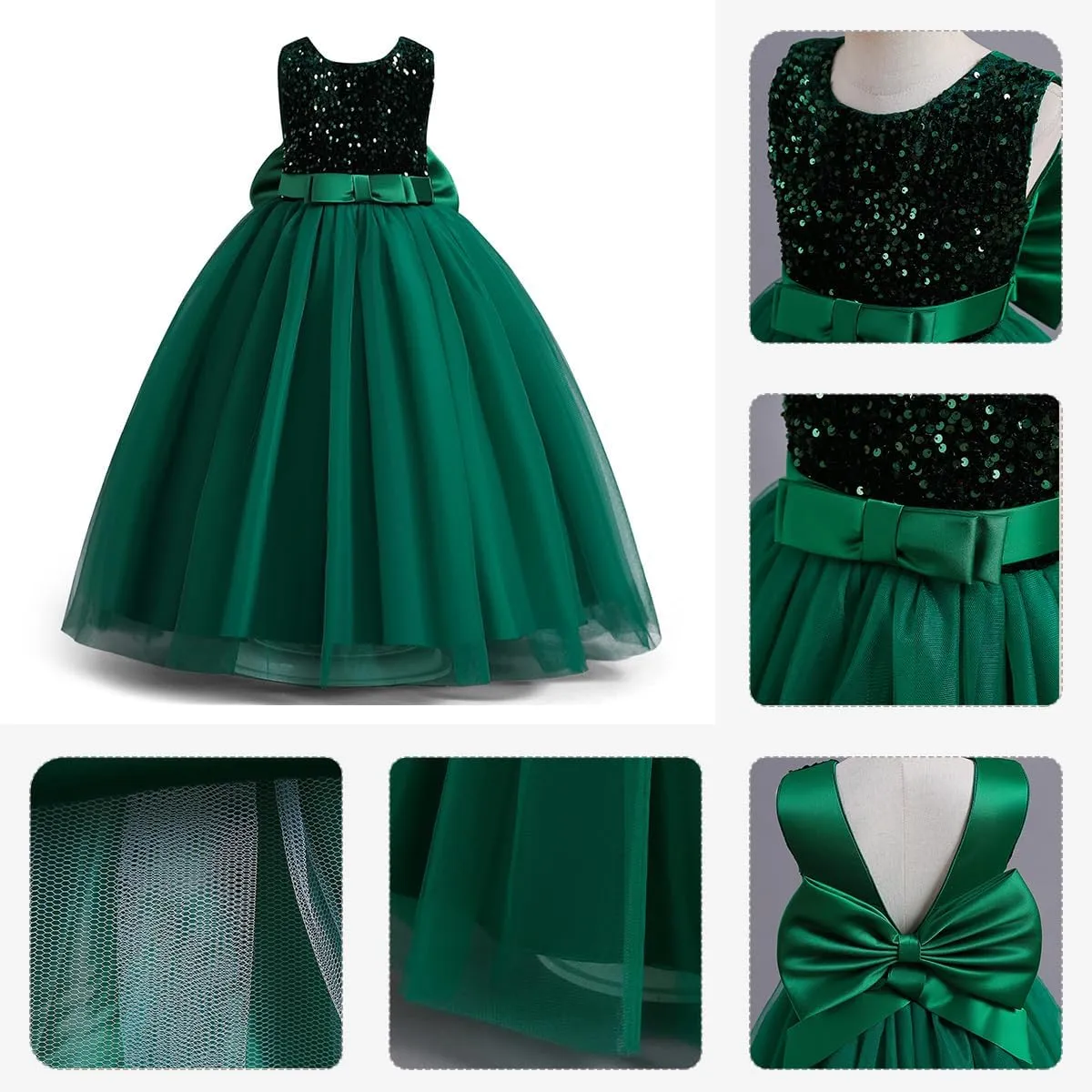 IDOPIP Girls Elegant Formal Sparkle Sequins Tulle Dress Wedding Bridesmaid Dress Satin Bow Tie Christening Prom Party Gown