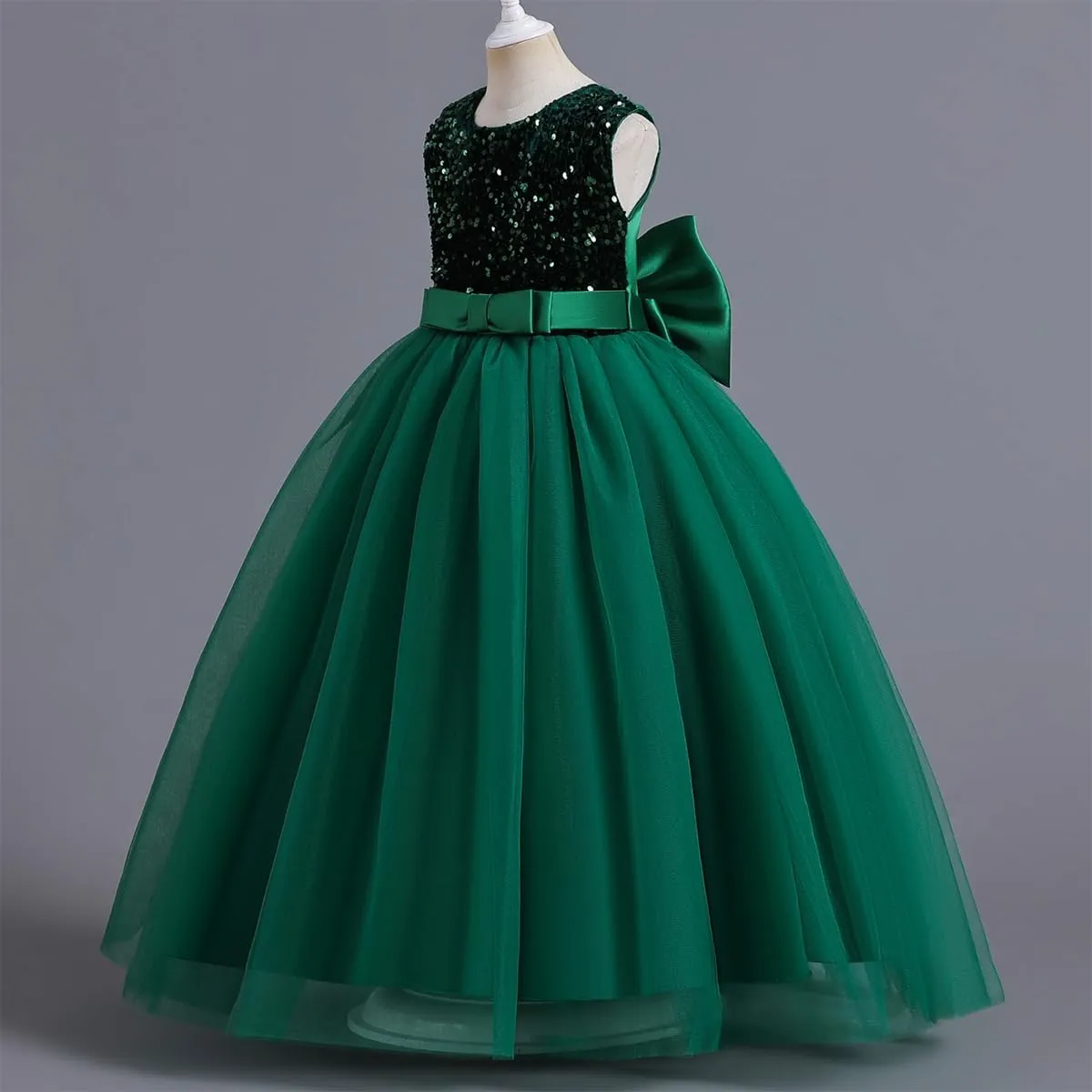 IDOPIP Girls Elegant Formal Sparkle Sequins Tulle Dress Wedding Bridesmaid Dress Satin Bow Tie Christening Prom Party Gown